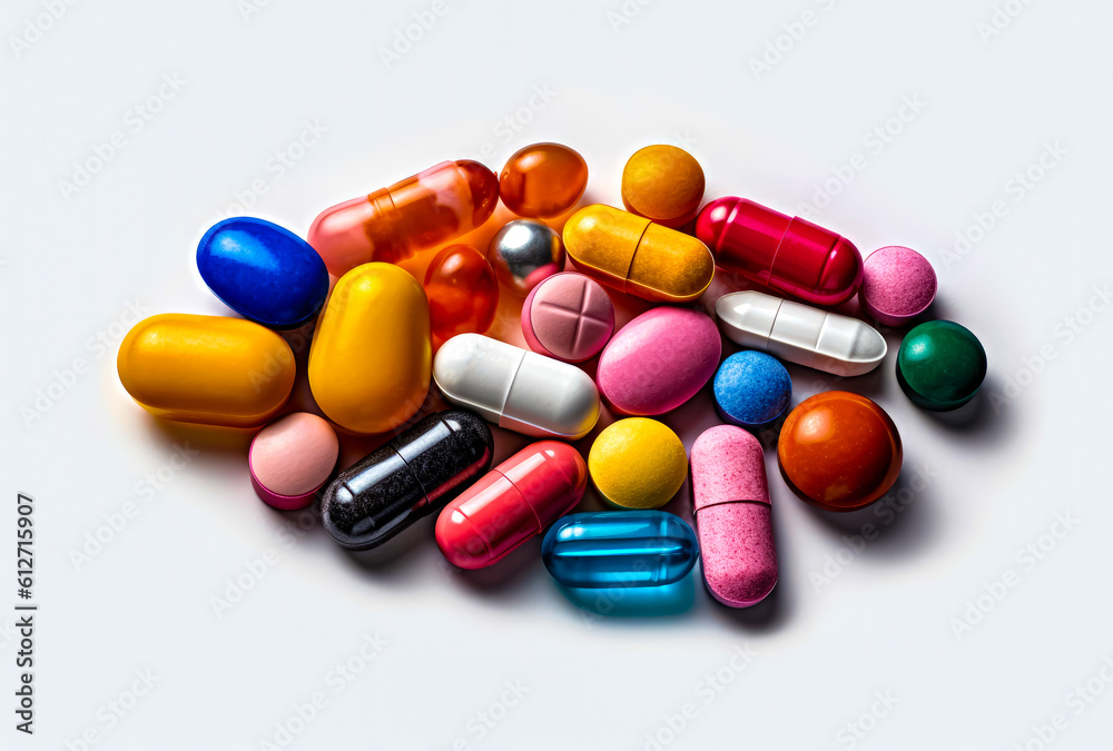 colorful pills and capsules are in an arrangement on light background, generative ai colorful pills and capsules are in an arrangement on light background, generative ai