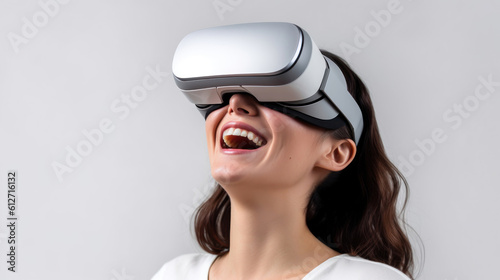 A 30-year-old smiling woman using virtual reality glasses