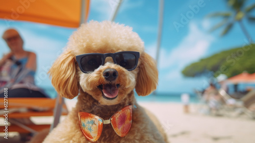 Poodle dog on the beach, Hawaiian style, Summer beach and recreation, beach background, Relaxing on the beach, Dogs on vacation, AI generated