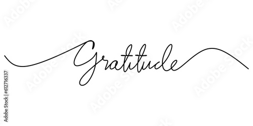 One continuous line drawing typography line art of gratitude word writing isolated on white background.