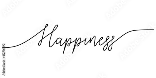 One continuous line drawing typography line art of happiness word writing isolated on white background.