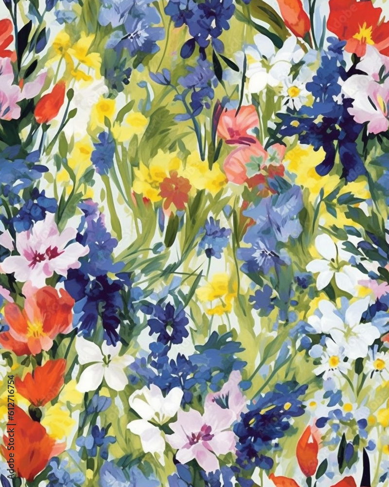 Wallpaper tileable watercolor pattern of flowers created with Generative AI technology