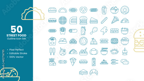 Set of 50 line icons related to Street Food. Pixel Perfect Icon. Outline icon collection. Editable stroke. Vector illustration.