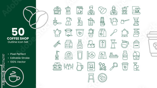 Set of 50 line icons related to Coffee Shop. Pixel Perfect Icon. Outline icon collection. Editable stroke. Vector illustration.