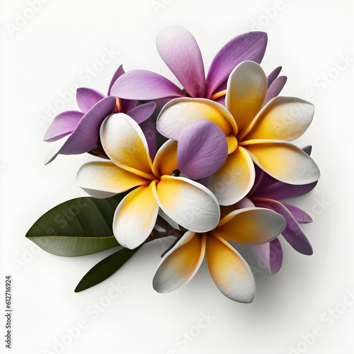 Bouquet of purple violet Frangipani Plumeria flower plant with leaves isolated on white background. Flat lay, top view. macro closeup 