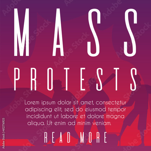 Mass protests banner with protesting people destroying property, flat vector.