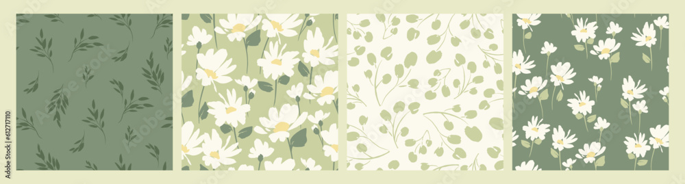 Abstract floral seamless patterns with chamomile. Trendy hand drawn textures. Modern abstract design for,paper, cover, fabric and other