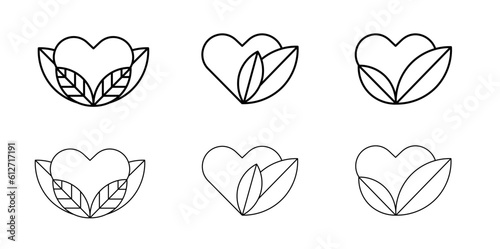Set of vector outline icons made of hearts with leaves. © d_odin
