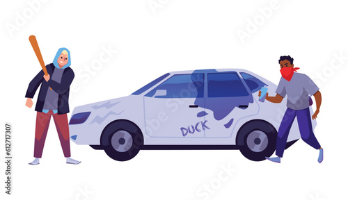 Aggressive vandals in mask damaging car with bat and paint, flat vector illustration isolated on white background.