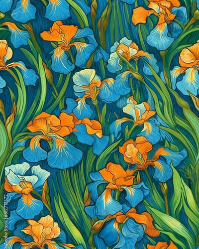 Wallpaper tileable pattern of Iris flowers created with Generative AI technology