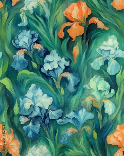 Wallpaper tileable pattern of Iris flowers created with Generative AI technology