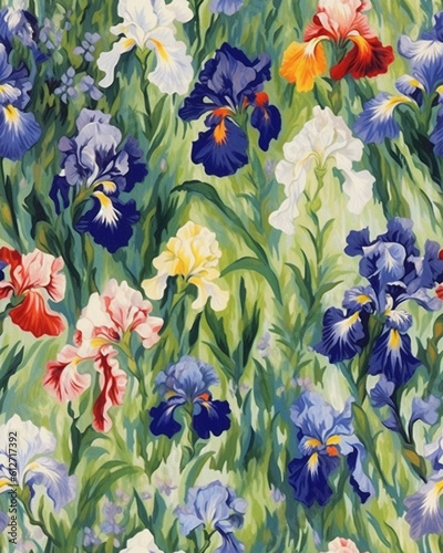 Wallpaper tileable pattern of Iris flowers created with Generative AI technology