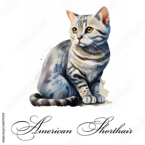 Watercolor illustration of a single cat breed american shorthair. AI generated. Watercolor animal collection of cats. Cat portrait. Illustration of Pet.