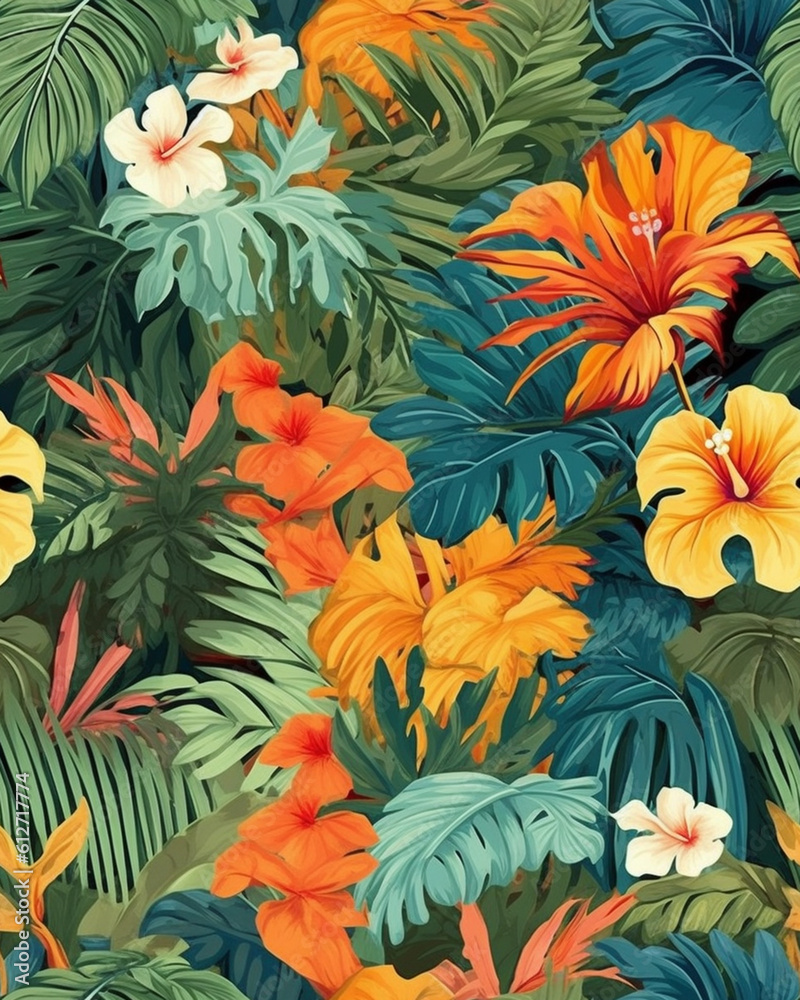 Wallpaper tileable pattern of tropical plants created with Generative AI technology