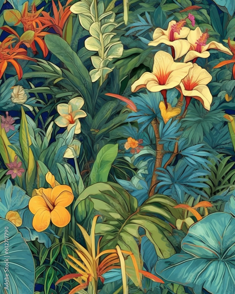 Fototapeta premium Wallpaper tileable pattern of tropical plants created with Generative AI technology