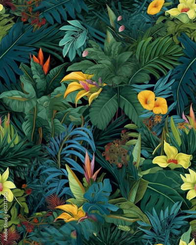 Wallpaper tileable pattern of tropical plants created with Generative AI technology