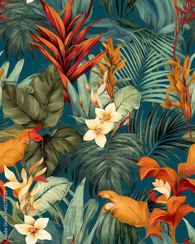 Wallpaper tileable pattern of tropical plants created with Generative AI technology