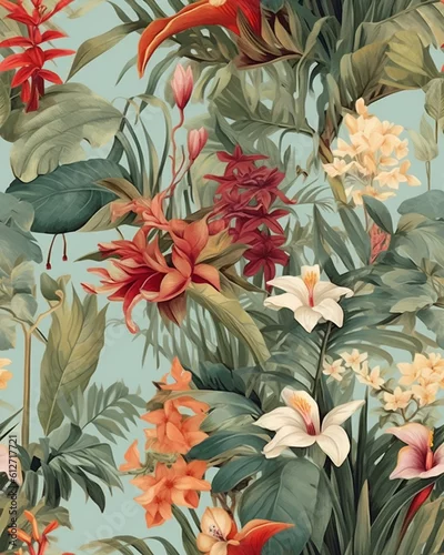 Naklejka na ścianę z wzorem roślin tropikalnych, stworzona przy użyciu AI