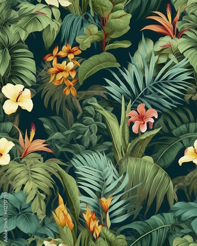 Wallpaper tileable pattern of tropical plants created with Generative AI technology