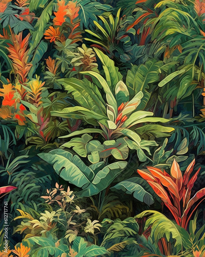 Wallpaper tileable pattern of tropical plants created with Generative AI technology