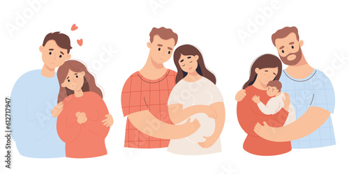 Happy family. Cute couple with pregnant woman and pair with newborn baby on hands. Isolate vector illustrations in cartoon flat style. Period of family life, pregnancy motherhood, parenthood concept