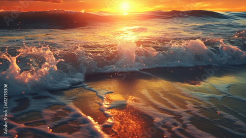 Closeup of beach waves with sunset. © tashechka