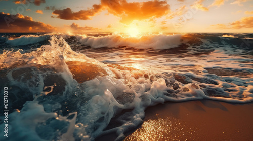 Closeup of beach waves with sunset. © tashechka