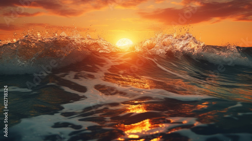 Closeup of beach waves with sunset.