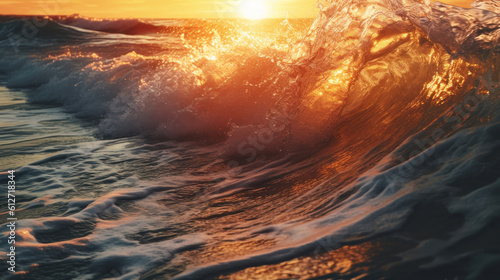 Closeup of beach waves with sunset.