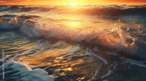 Closeup of beach waves with sunset.