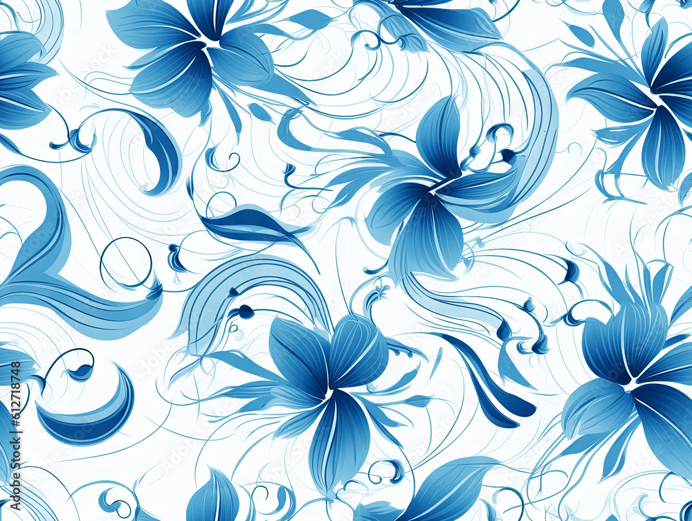 Floral pattern with orange and blue flowers on a white background with ...