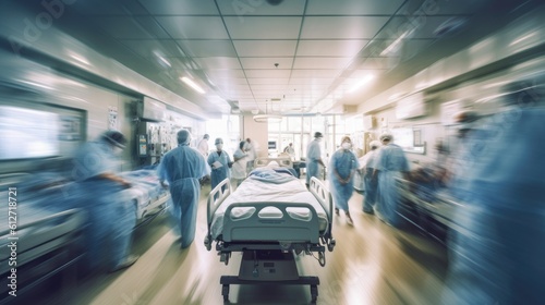 Fotografiet A motion blurred photograph of a hospital interior. Generative AI