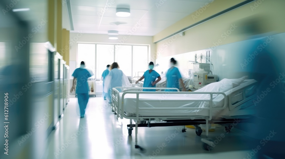 A motion blurred photograph of a hospital interior. Generative AI A motion blurred photograph of a hospital interior. Generative AI