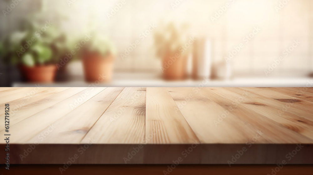 Empty wooden tabletop, counter, desk background over blur perspective kitchen background, wood table worktop for product placement, blurred kitchen, product display mockup,Generative AI Empty wooden tabletop, counter, desk background over blur perspective kitchen background, wood table worktop for product placement, blurred kitchen, product display mockup,Generative AI