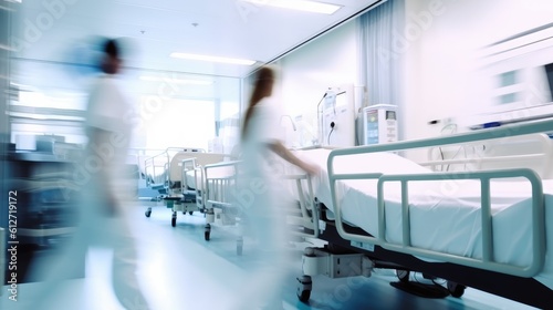 A motion blurred photograph of a hospital interior. Generative AI