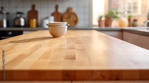 Empty wooden tabletop  counter  desk background over blur perspective kitchen background  wood table worktop for product placement  blurred kitchen  product display mockup Generative AI