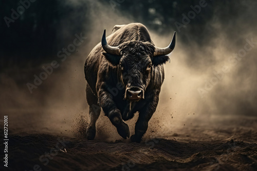 Angry bull in a dusty bullring. 3D illustration digital art design, generative AI