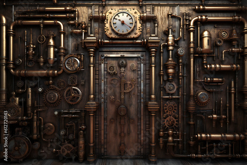 Steampunk retro clock composition. 3D illustration digital art design, generative AI