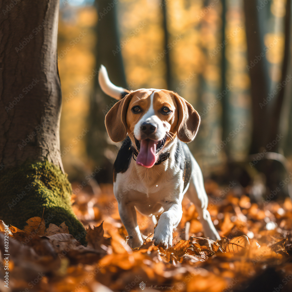 Beagle portrait in autumn forest. 3D illustration digital art design, generative AI