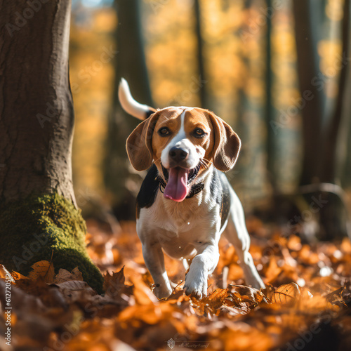 Beagle portrait in autumn forest. 3D illustration digital art design, generative AI © Grafvision