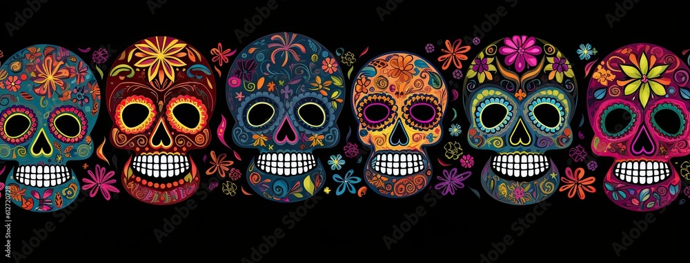 Many colored skulls with flowers on a dark background. Generative AI Many colored skulls with flowers on a dark background. Generative AI