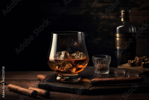Whiskey with ice and cigar. 3D illustration digital art design, generative AI