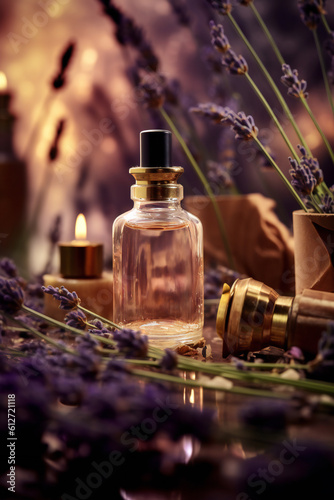 Essential oil and lavender flowers. 3D illustration digital art design  generative AI