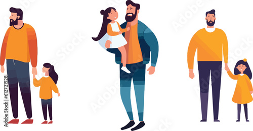 Fathers day Illustration set with daughter holding hand of Father, Dad carrying daughter cheerful moment, Father and daughter together standing celebrating Fathers day in happy mood
