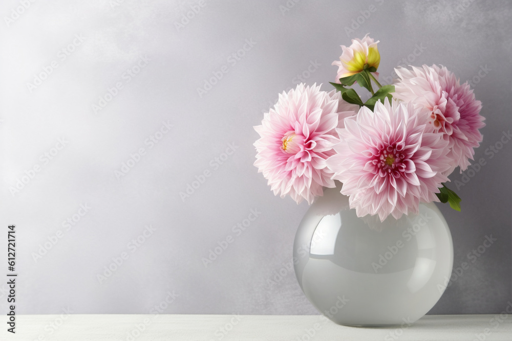 Blank wall mockup template with floral décor – pink dahlia flowers in glass bubble vase against gray wall. Generative AI