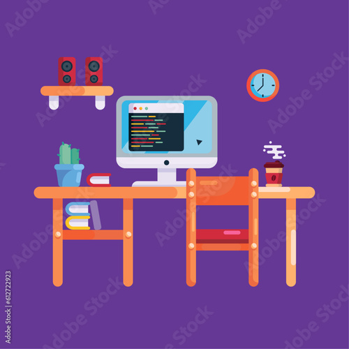 Computer desk workplace concept with wooden table