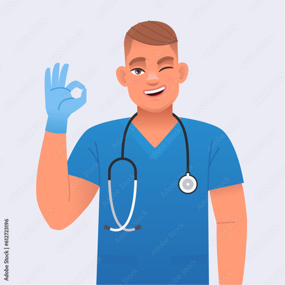 A happy young doctor with a stethoscope and wearing blue medical gloves winks and gestures with an OK sign. A happy young doctor with a stethoscope and wearing blue medical gloves winks and gestures with an OK sign.