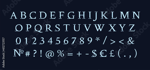 Dark serif roman alphabet set. Vector decorative typography. Decorative typeset style. Latin script for headers. Trendy letters and numbers for graphic posters, banners, invitation text for dark theme