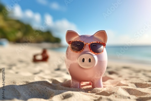 Piggy bank on beach. Generate Ai © nsit0108