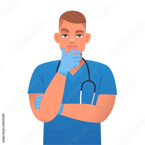 A nurse with a stethoscope and blue medical gloves is thinking about something. Cute white young male doctor.